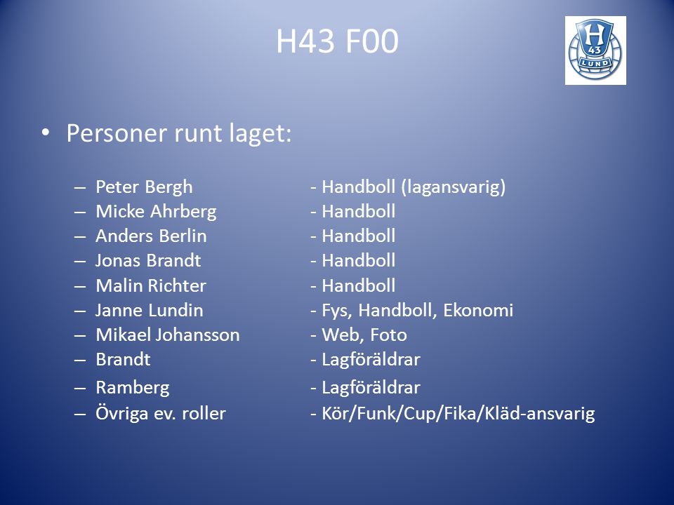 H43 F00 Personer runt laget: Peter Bergh - Handboll (lagansvarig)