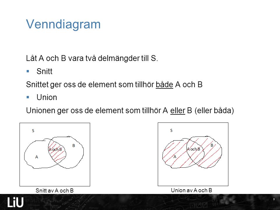 Venndiagram Låt A och B vara två delmängder till S. Snitt