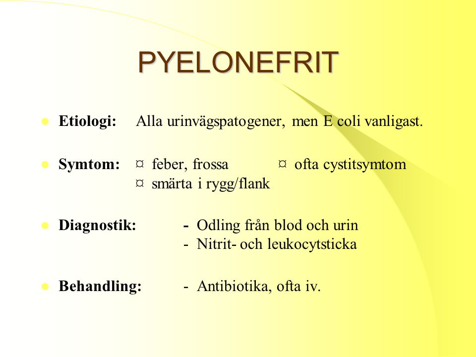 PYELONEFRIT Etiologi: Alla urinvägspatogener, men E coli vanligast.