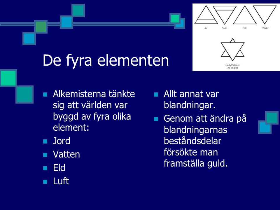 De fyra elementen Alkemisterna tänkte sig att världen var byggd av fyra olika element: Jord. Vatten.