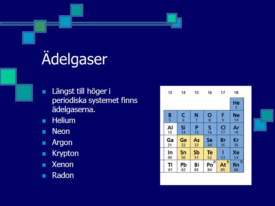 Ädelgaser Längst till höger i periodiska systemet finns ädelgaserna.