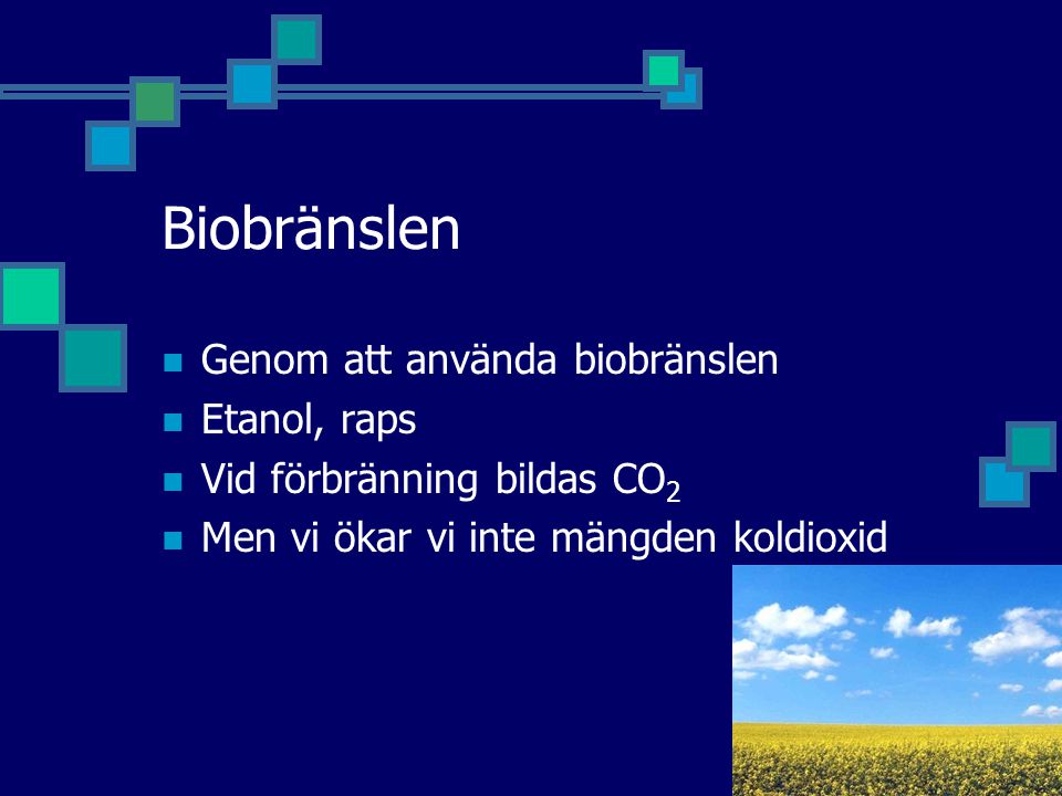 Biobränslen Genom att använda biobränslen Etanol, raps