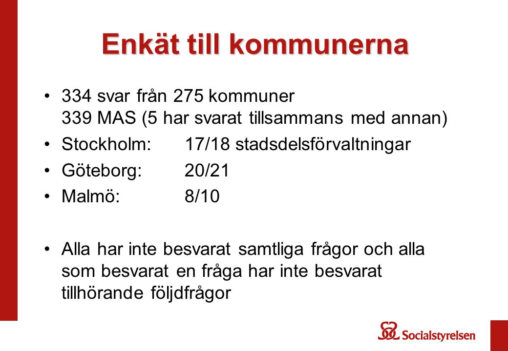 Enkät till kommunerna 334 svar från 275 kommuner 339 MAS (5 har svarat tillsammans med annan) Stockholm: 17/18 stadsdelsförvaltningar.
