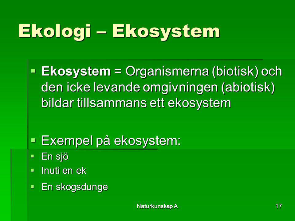 Ekologi – Ekosystem Ekosystem = Organismerna (biotisk) och den icke levande omgivningen (abiotisk) bildar tillsammans ett ekosystem.