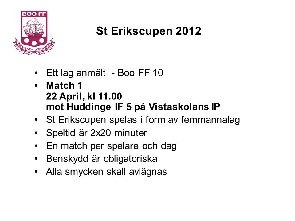St Erikscupen 2012 Ett lag anmält - Boo FF 10