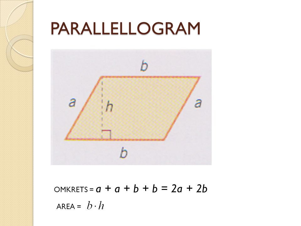 PARALLELLOGRAM OMKRETS = a + a + b + b = 2a + 2b AREA =