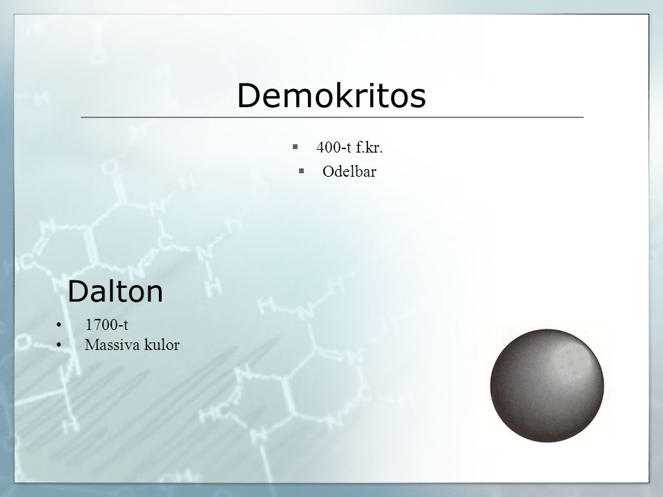 Demokritos 400-t f.kr. Odelbar Dalton 1700-t Massiva kulor