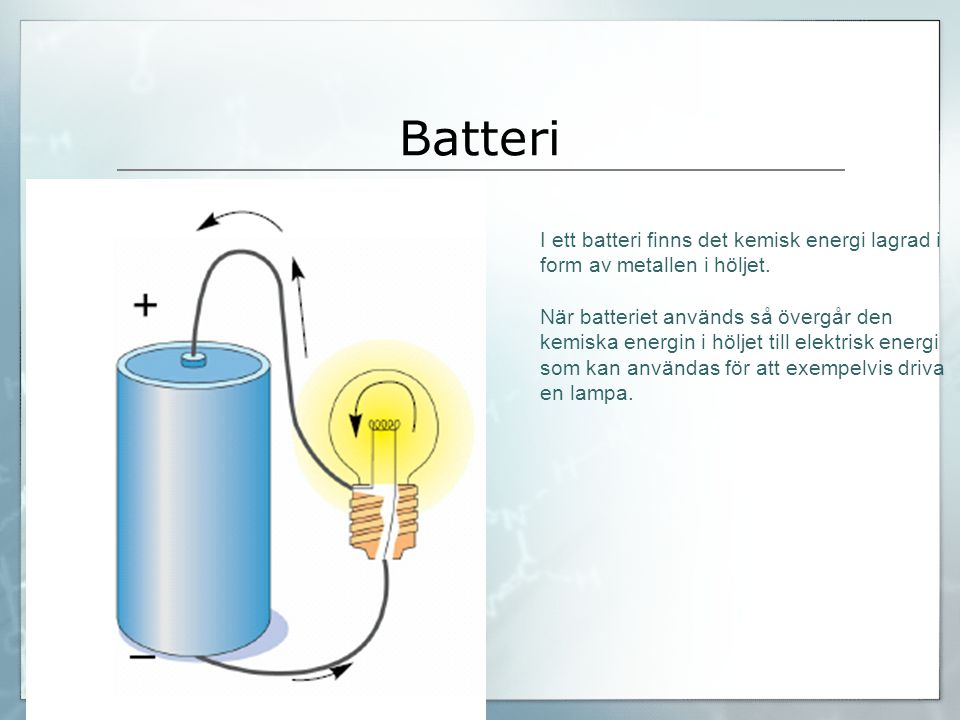 Batteri I ett batteri finns det kemisk energi lagrad i form av metallen i höljet.