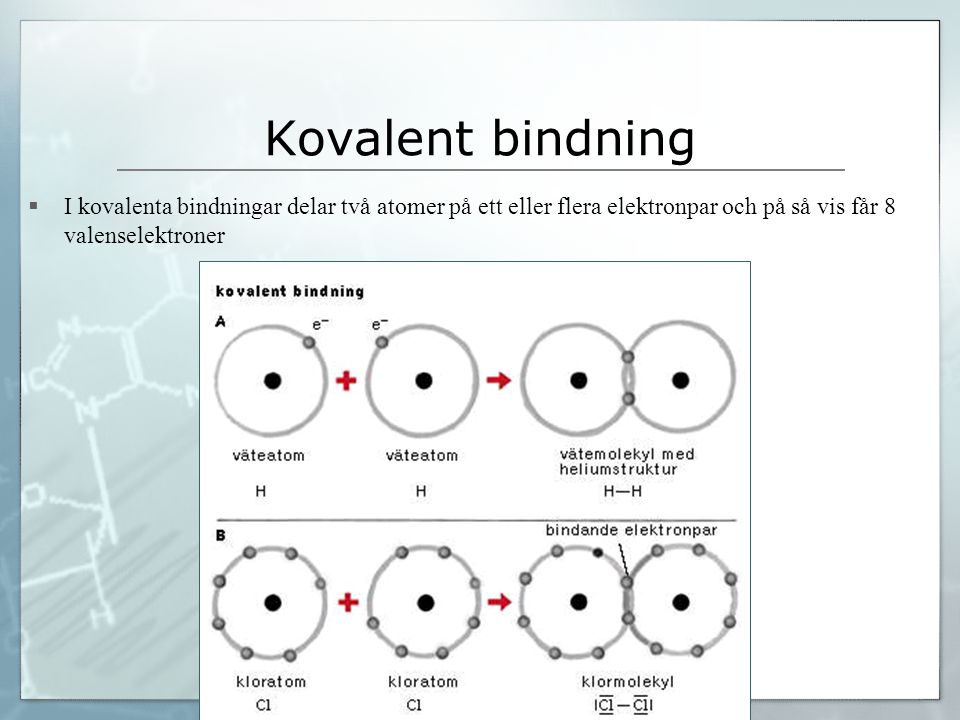 Kovalent bindning I kovalenta bindningar delar två atomer på ett eller flera elektronpar och på så vis får 8 valenselektroner.