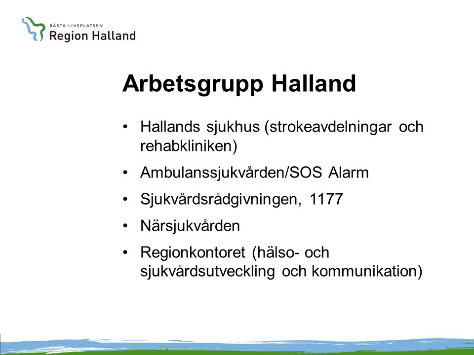 Arbetsgrupp Halland Hallands sjukhus (strokeavdelningar och rehabkliniken) Ambulanssjukvården/SOS Alarm.