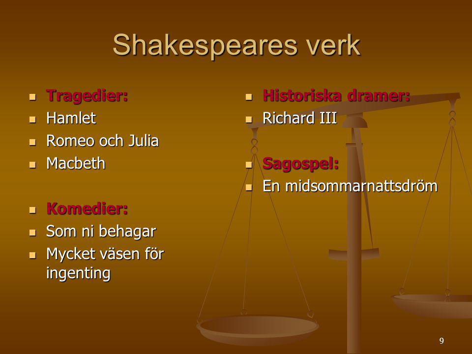Shakespeares verk Tragedier: Hamlet Romeo och Julia Macbeth Komedier: