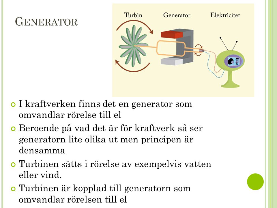 Generator I kraftverken finns det en generator som omvandlar rörelse till el.