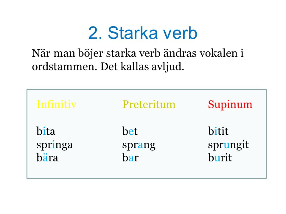 2. Starka verb När man böjer starka verb ändras vokalen i ordstammen. Det kallas avljud. Infinitiv Preteritum Supinum.