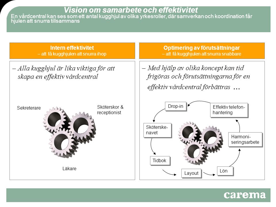Vision om samarbete och effektivitet En vårdcentral kan ses som ett antal kugghjul av olika yrkesroller, där samverkan och koordination får hjulen att snurra tillsammans