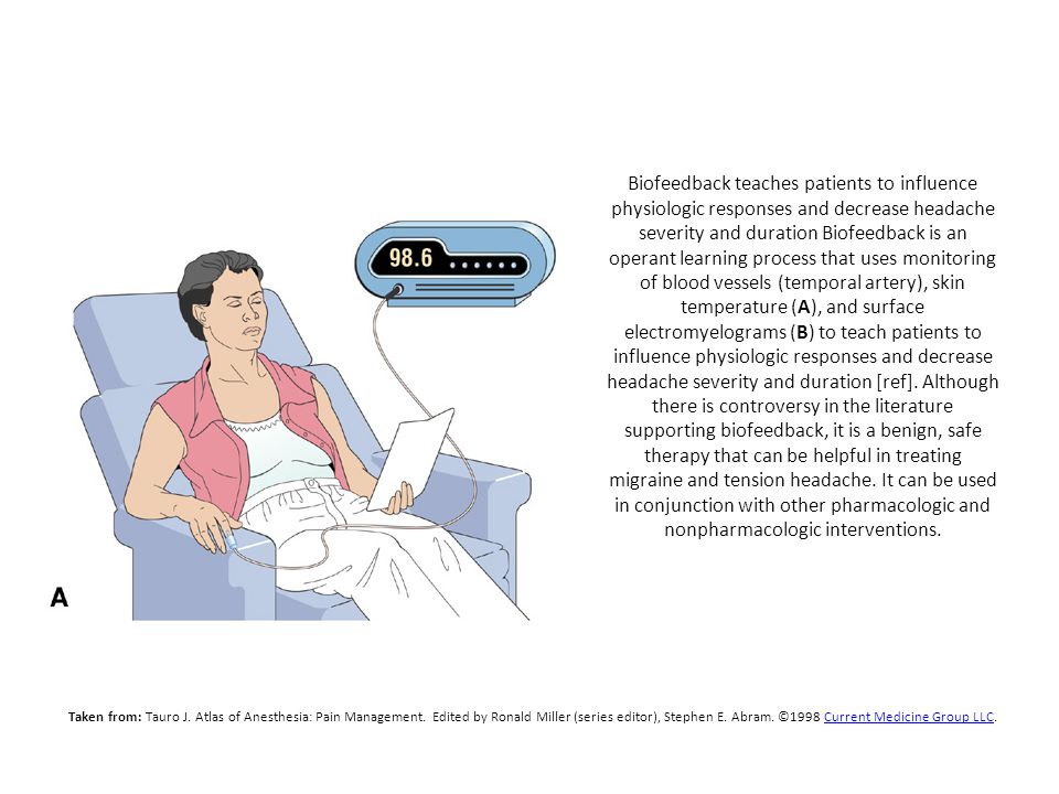 Biofeedback teaches patients to influence physiologic responses and decrease headache severity and duration Biofeedback is an operant learning process that uses monitoring of blood vessels (temporal artery), skin temperature (A), and surface electromyelograms (B) to teach patients to influence physiologic responses and decrease headache severity and duration [ref]. Although there is controversy in the literature supporting biofeedback, it is a benign, safe therapy that can be helpful in treating migraine and tension headache. It can be used in conjunction with other pharmacologic and nonpharmacologic interventions.