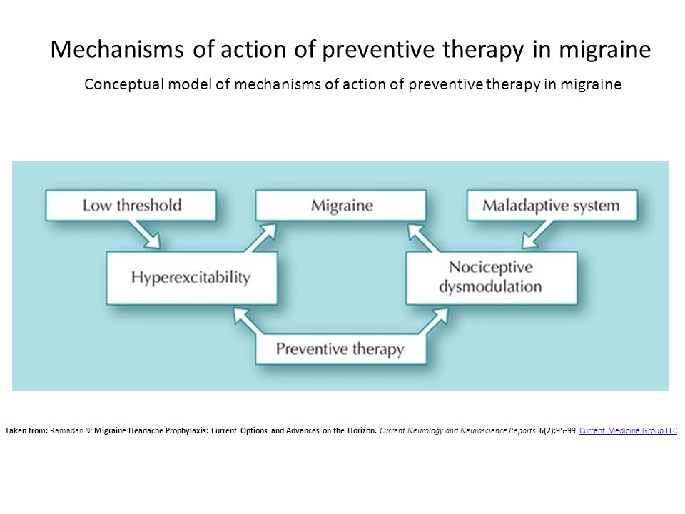 Mechanisms of action of preventive therapy in migraine Conceptual model of mechanisms of action of preventive therapy in migraine