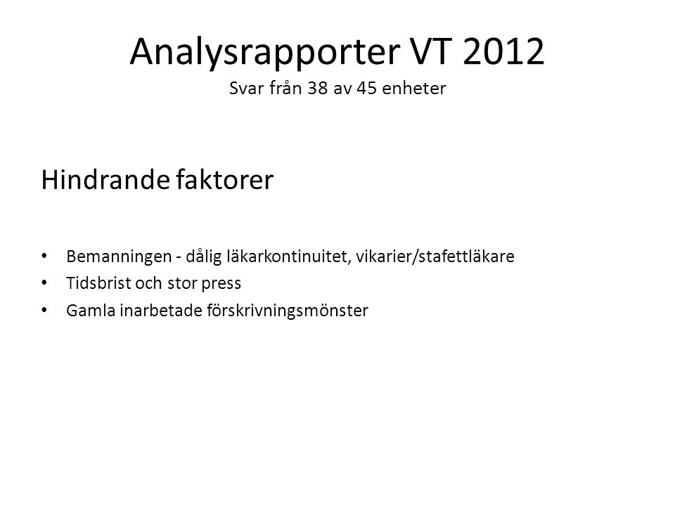 Analysrapporter VT 2012 Svar från 38 av 45 enheter