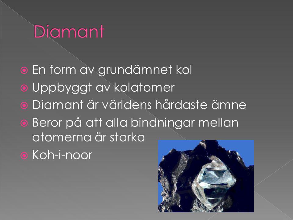 Diamant En form av grundämnet kol Uppbyggt av kolatomer