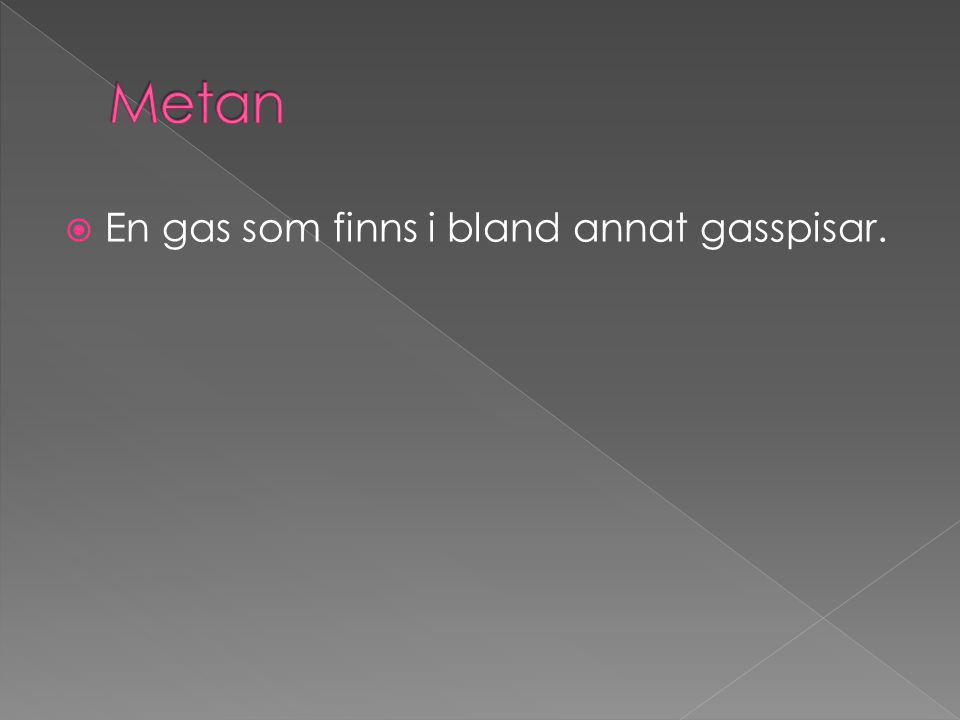 Metan En gas som finns i bland annat gasspisar.