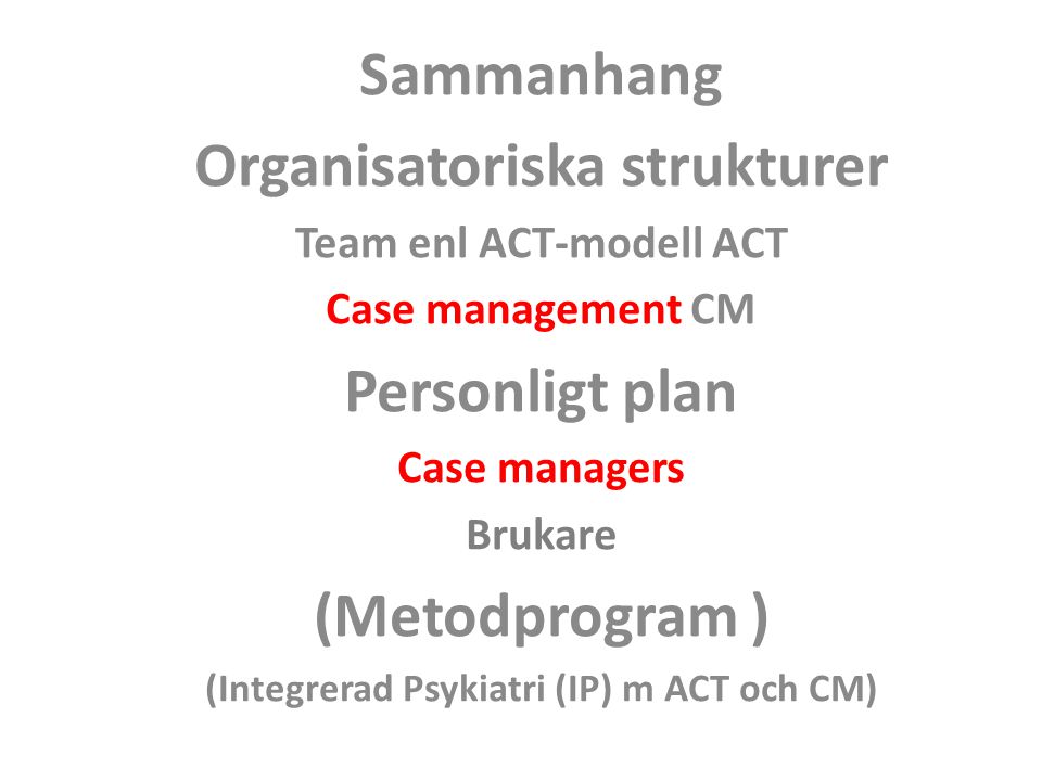 Sammanhang Organisatoriska strukturer Personligt plan (Metodprogram )