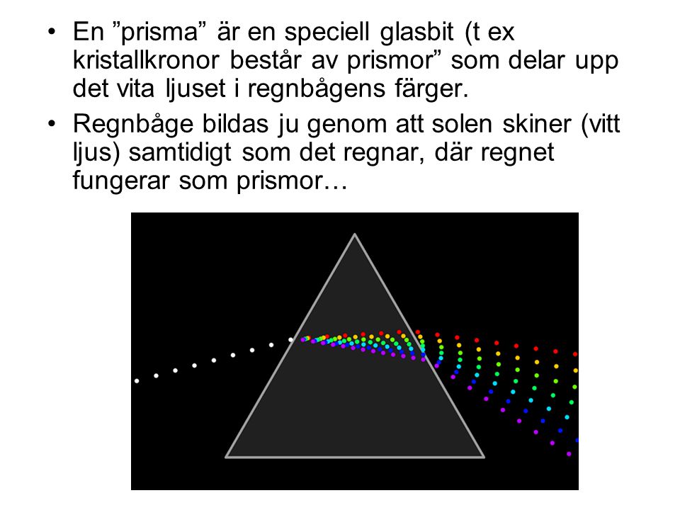 En prisma är en speciell glasbit (t ex kristallkronor består av prismor som delar upp det vita ljuset i regnbågens färger.