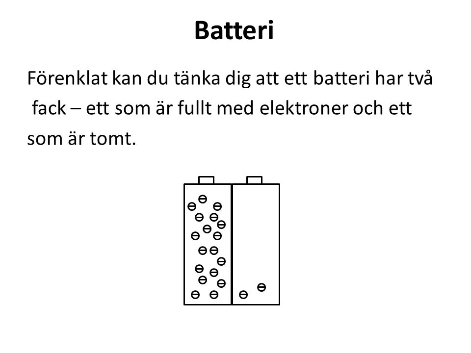 Batteri Förenklat kan du tänka dig att ett batteri har två fack – ett som är fullt med elektroner och ett som är tomt.