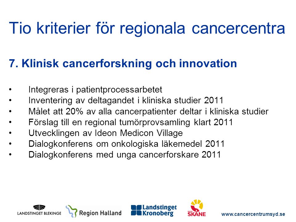Tio kriterier för regionala cancercentra