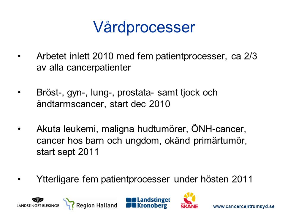 Vårdprocesser Arbetet inlett 2010 med fem patientprocesser, ca 2/3 av alla cancerpatienter.