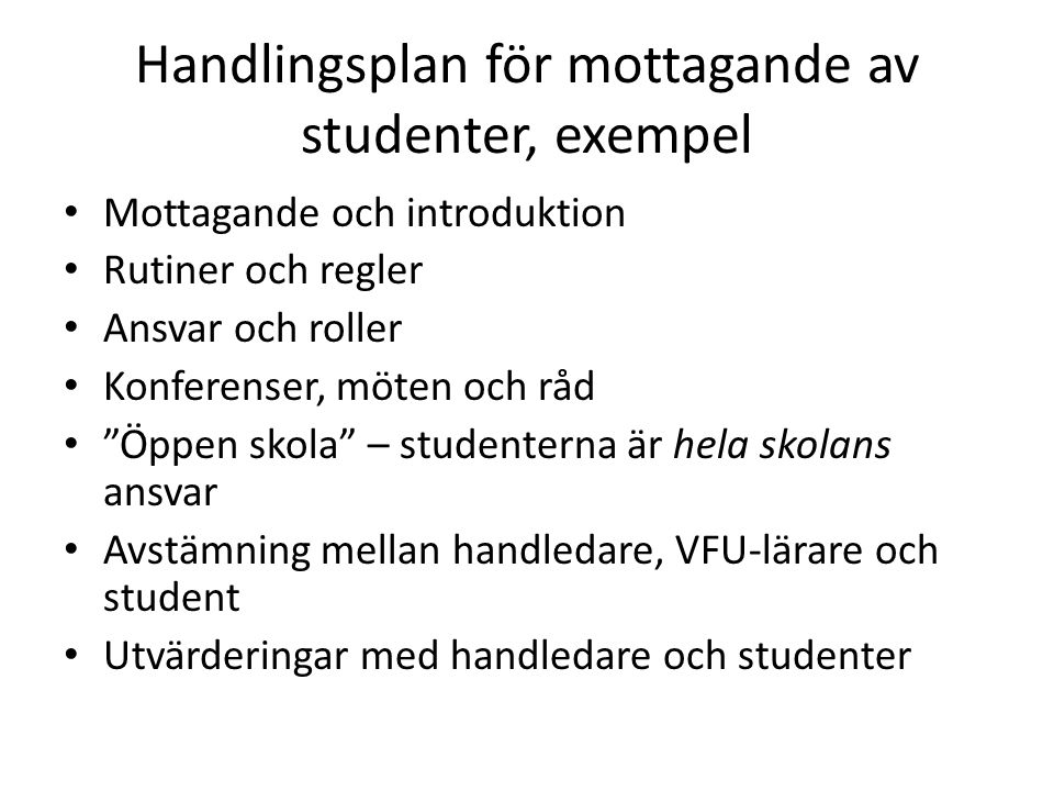 Handlingsplan för mottagande av studenter, exempel