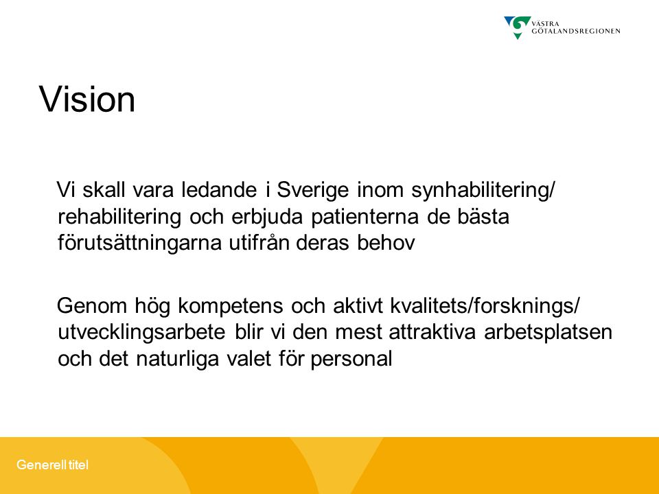 Vision Vi skall vara ledande i Sverige inom synhabilitering/ rehabilitering och erbjuda patienterna de bästa förutsättningarna utifrån deras behov.