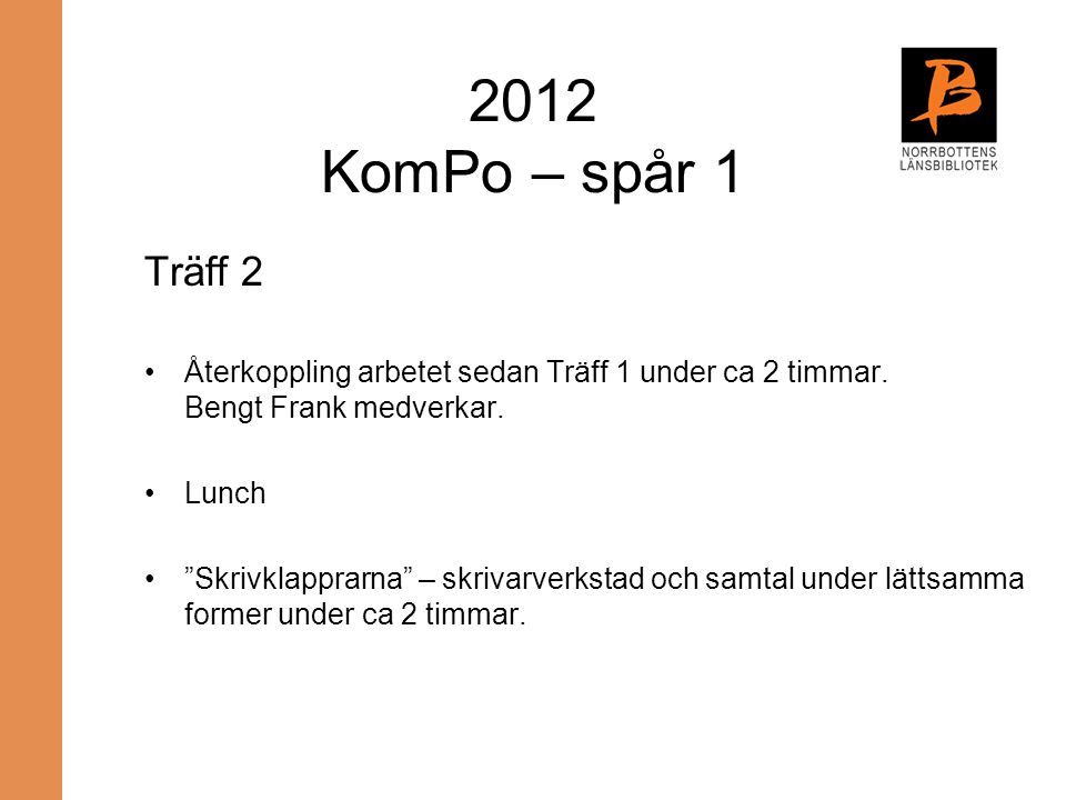 2012 KomPo – spår 1 Träff 2. Återkoppling arbetet sedan Träff 1 under ca 2 timmar. Bengt Frank medverkar.