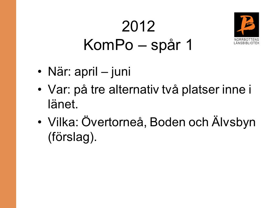 2012 KomPo – spår 1 När: april – juni