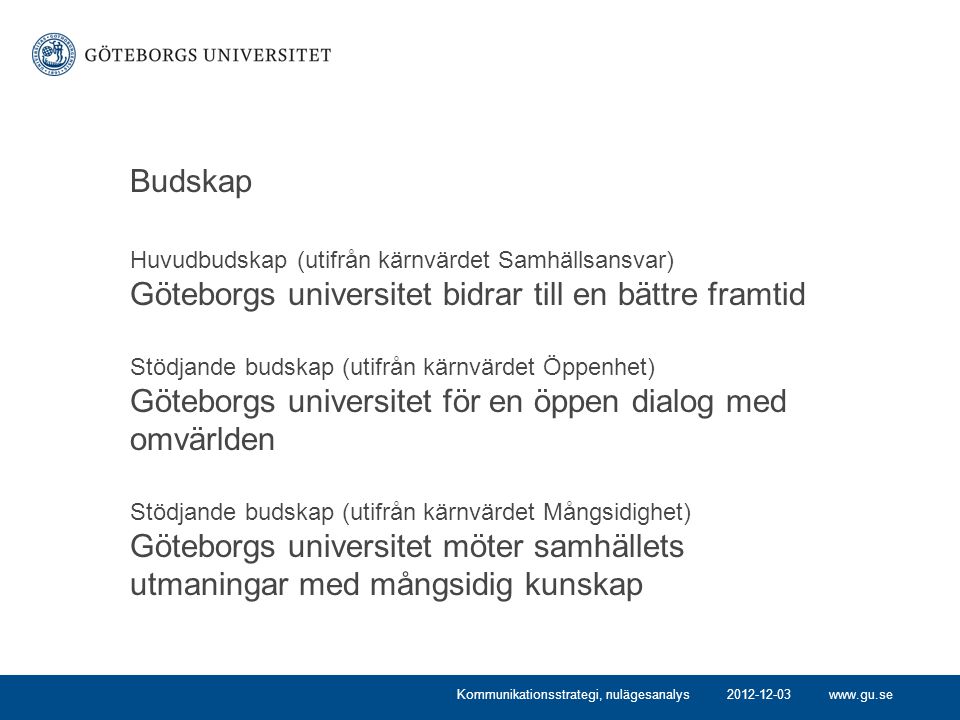 Budskap Huvudbudskap (utifrån kärnvärdet Samhällsansvar) Göteborgs universitet bidrar till en bättre framtid.