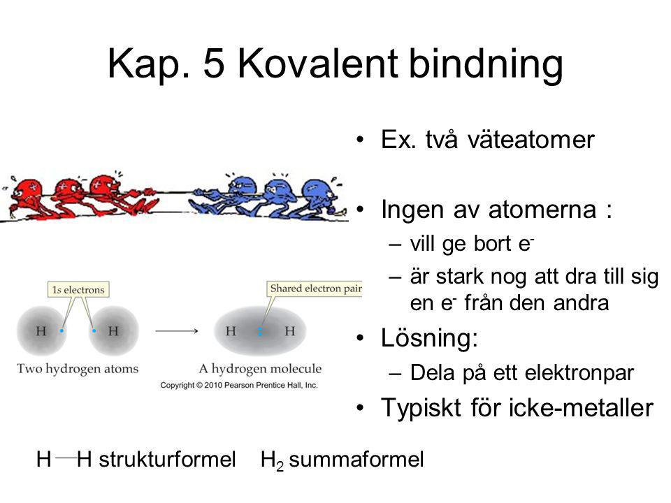 Kap. 5 Kovalent bindning Ex. två väteatomer Ingen av atomerna :