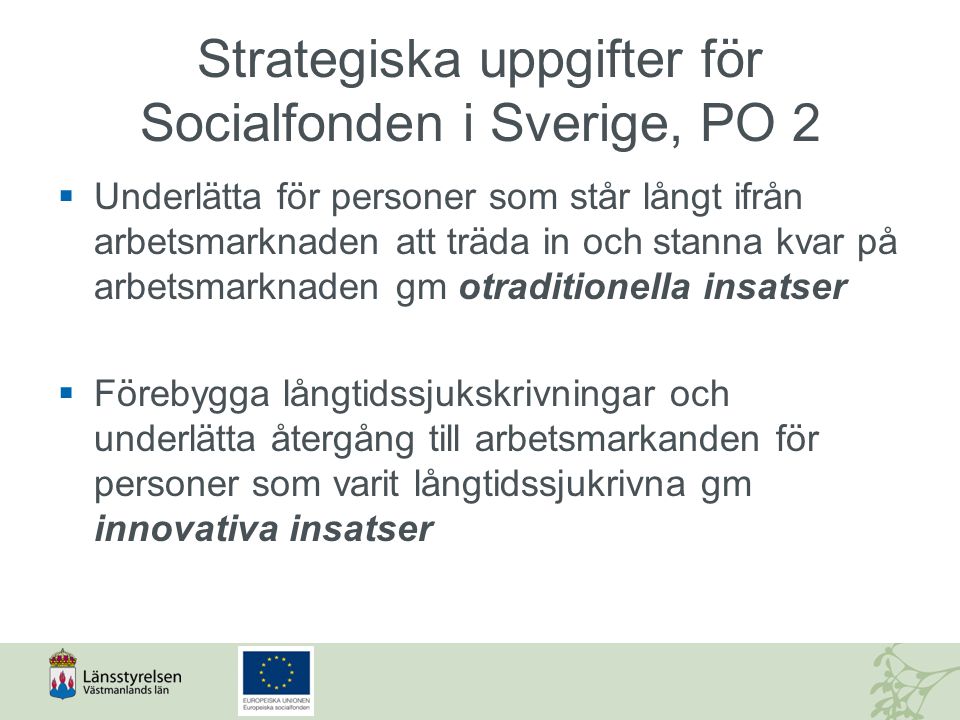 Strategiska uppgifter för Socialfonden i Sverige, PO 2