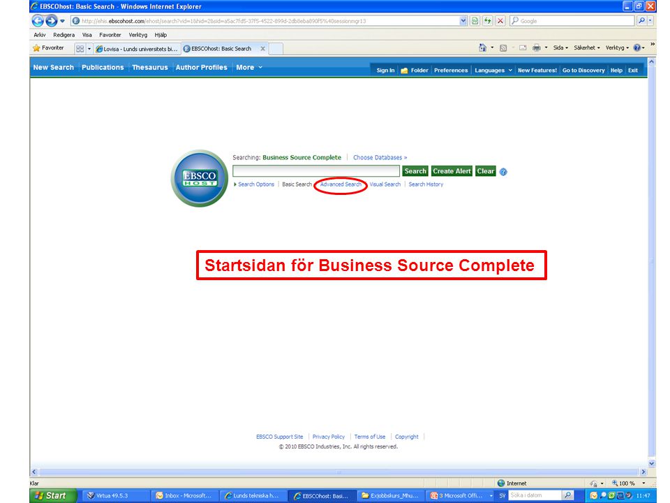 Startsidan för Business Source Complete