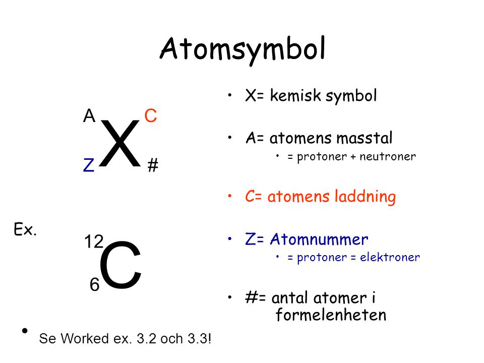 X C Atomsymbol Se Worked ex. 3.2 och 3.3! A C Z # 12 6