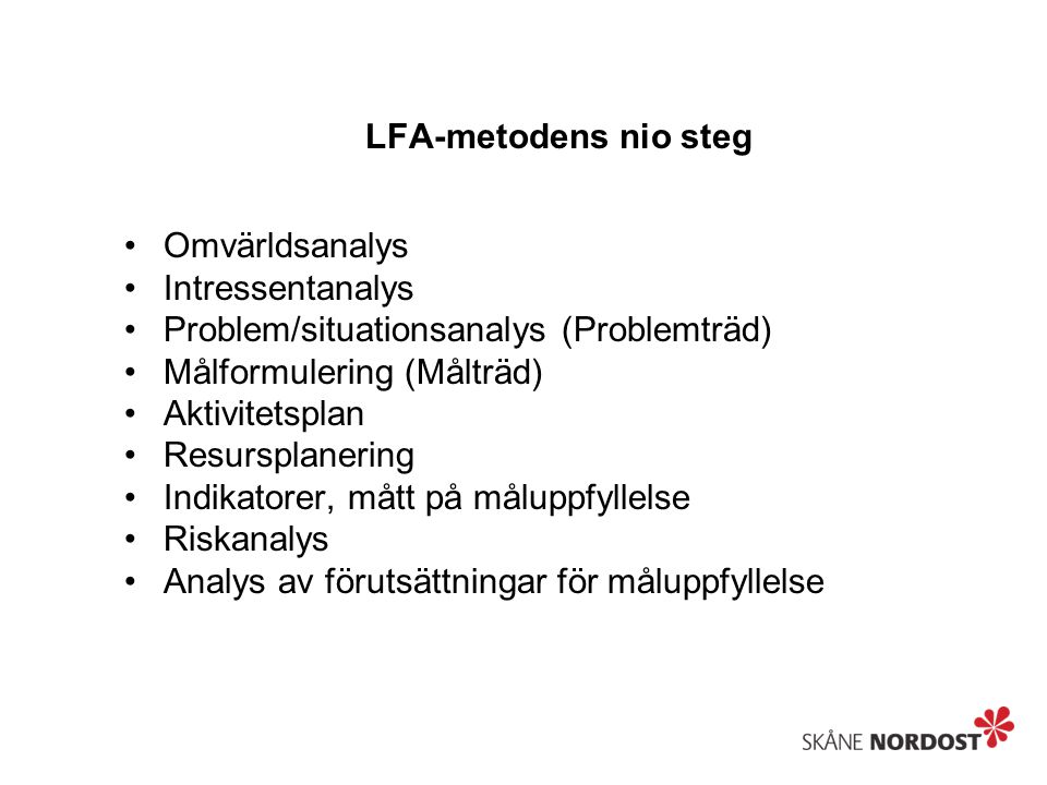 LFA-metodens nio steg Omvärldsanalys. Intressentanalys. Problem/situationsanalys (Problemträd) Målformulering (Målträd)