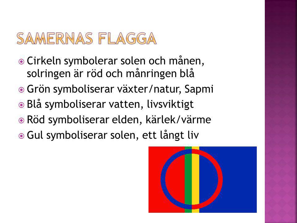 Samernas flagga Cirkeln symbolerar solen och månen, solringen är röd och månringen blå. Grön symboliserar växter/natur, Sapmi.