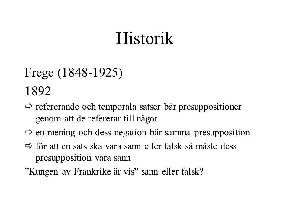 Historik Frege ( )  refererande och temporala satser bär presuppositioner genom att de refererar till något.
