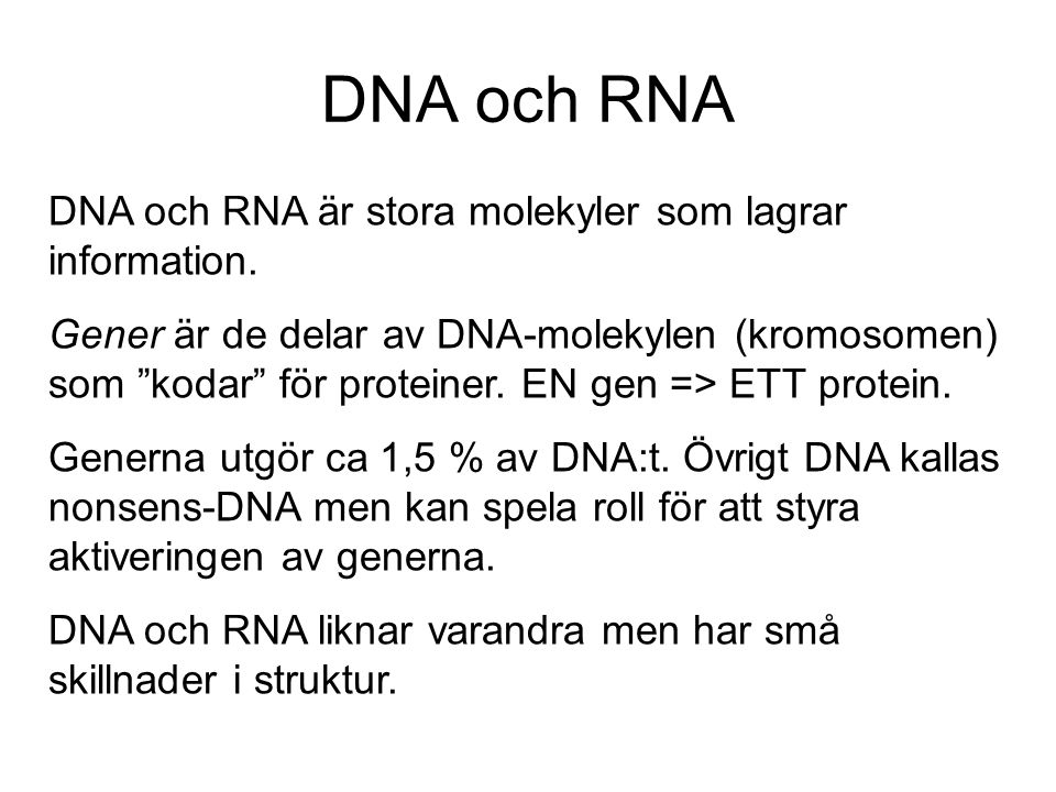 DNA och RNA DNA och RNA är stora molekyler som lagrar information.