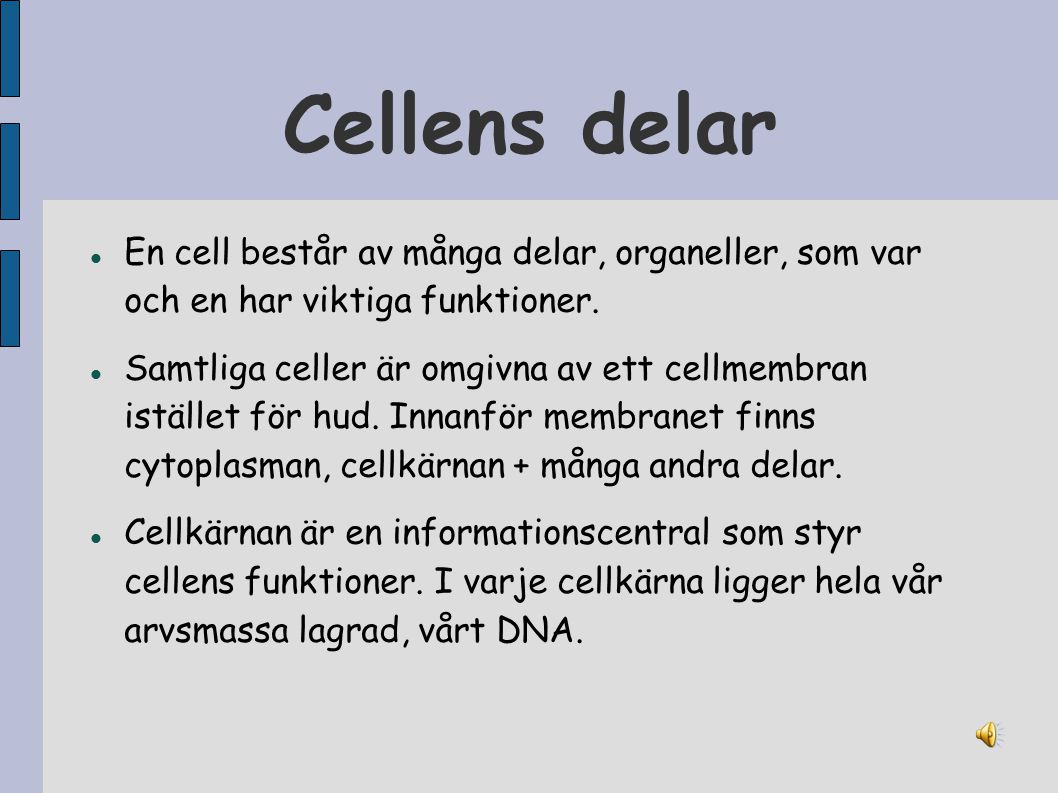 Cellens delar En cell består av många delar, organeller, som var och en har viktiga funktioner.
