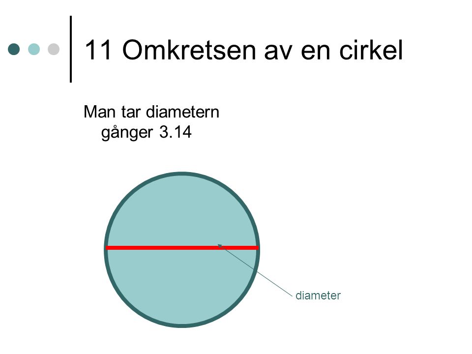 11 Omkretsen av en cirkel Man tar diametern gånger 3.14 diameter