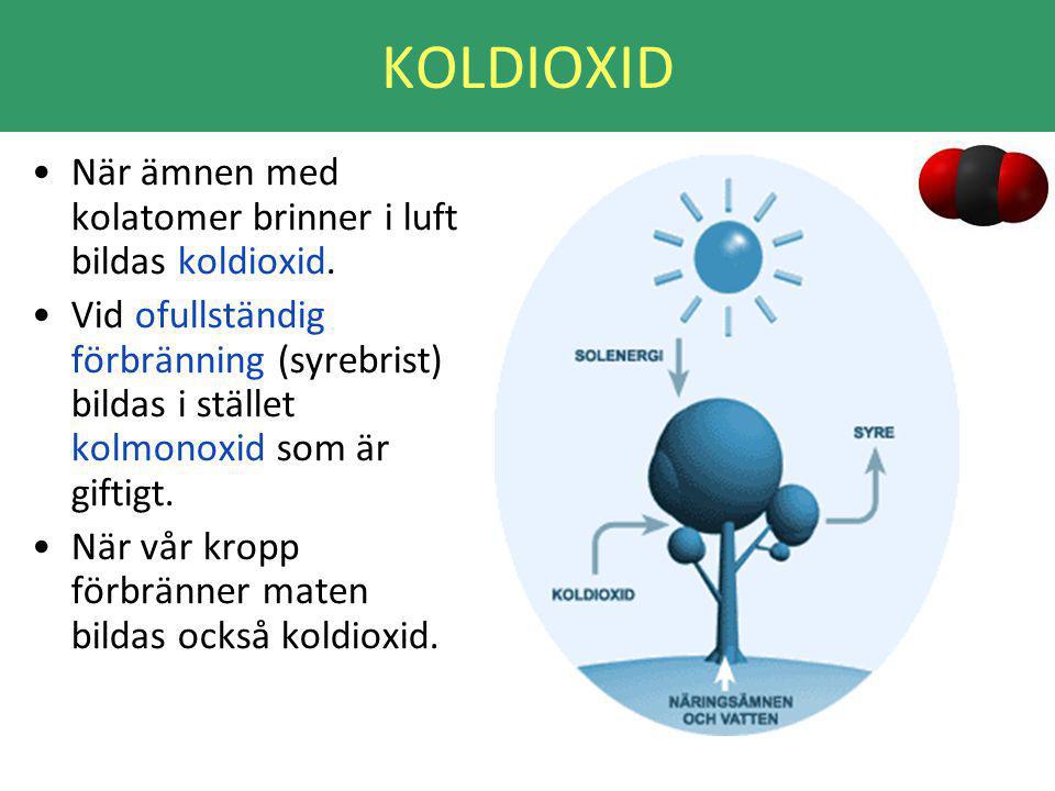 KOLDIOXID När ämnen med kolatomer brinner i luft bildas koldioxid.