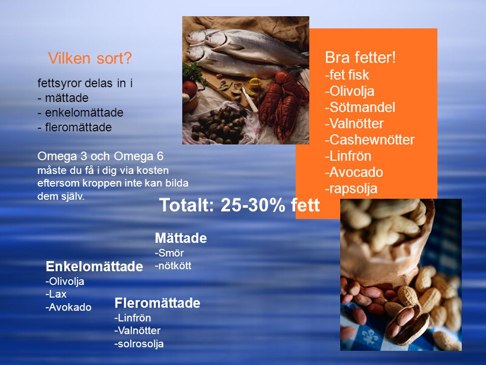 Totalt: 25-30% fett Vilken sort Bra fetter! fet fisk Olivolja