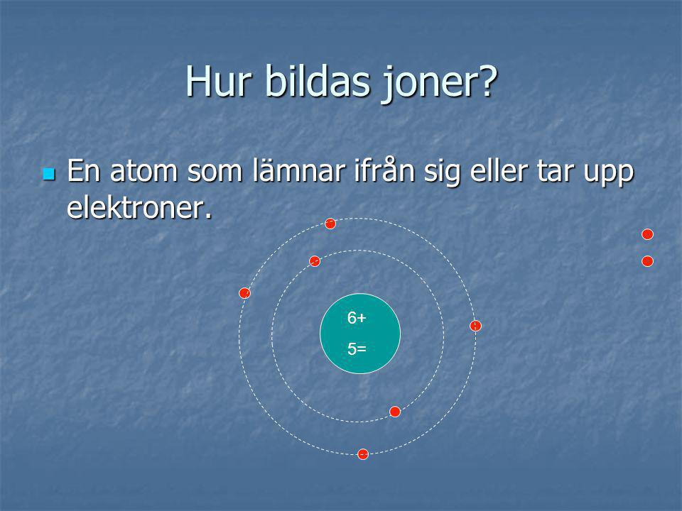 Hur bildas joner En atom som lämnar ifrån sig eller tar upp elektroner. 6+ 5=