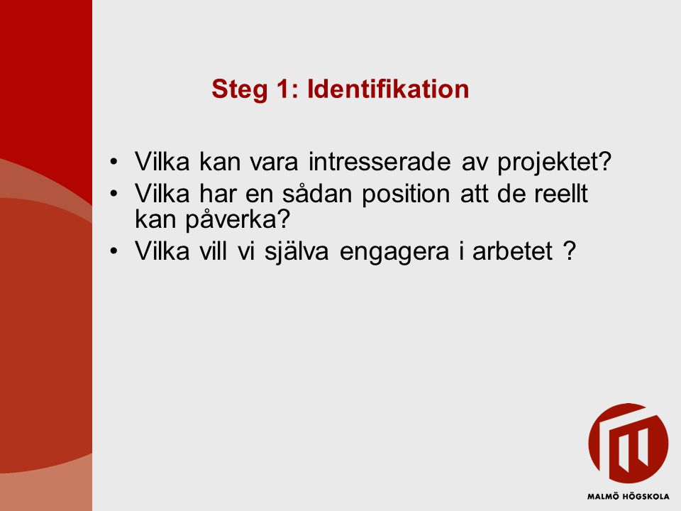 Steg 1: Identifikation Vilka kan vara intresserade av projektet Vilka har en sådan position att de reellt kan påverka