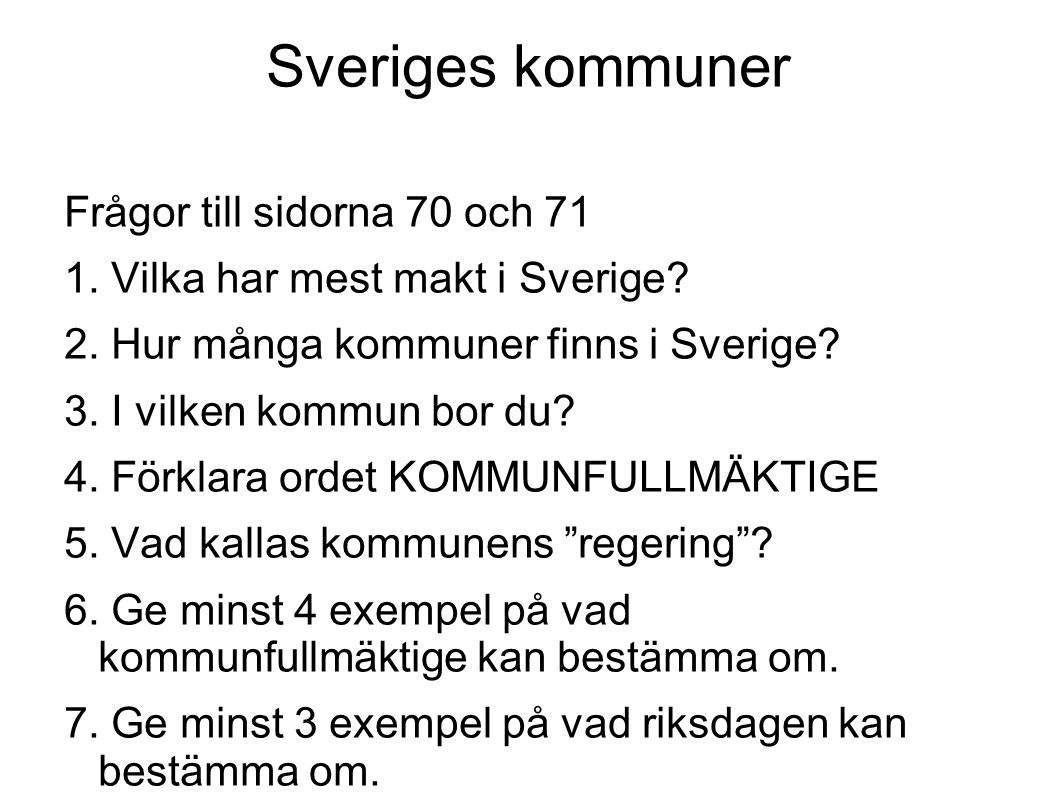 Sveriges kommuner Frågor till sidorna 70 och 71