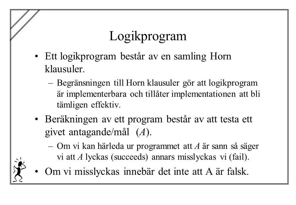 Logikprogram Ett logikprogram består av en samling Horn klausuler.