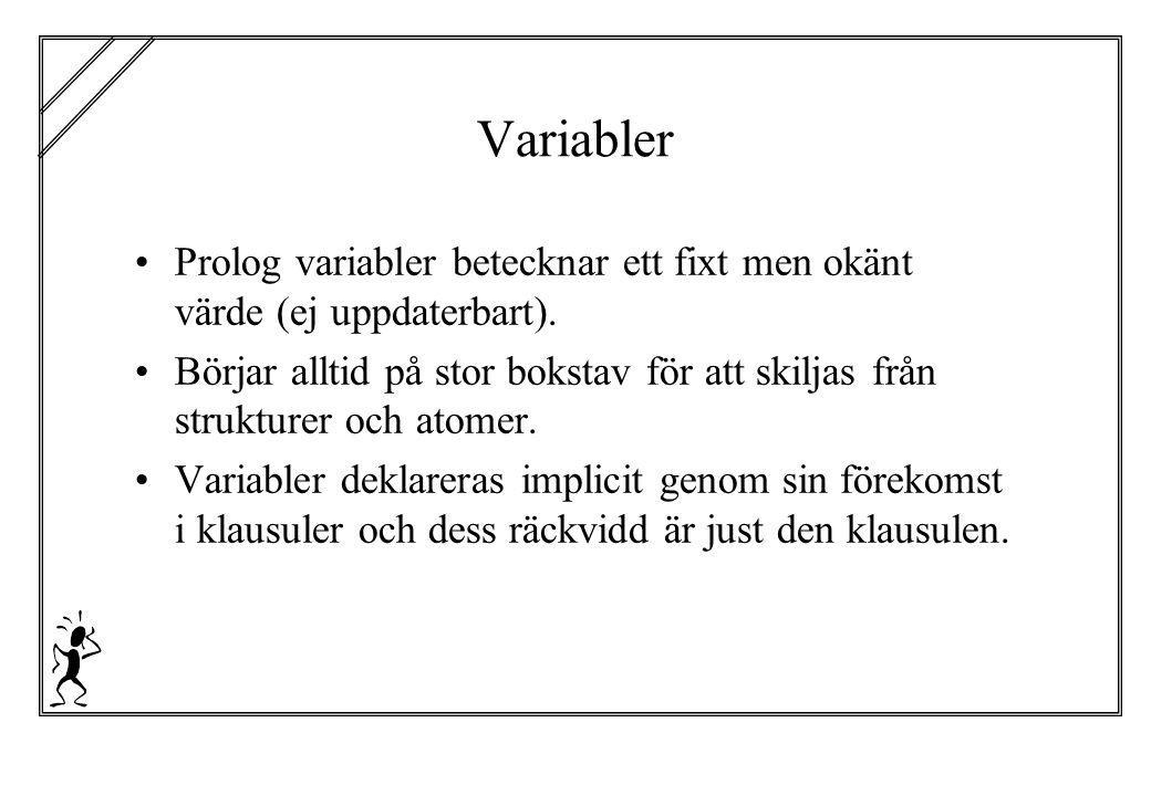Variabler Prolog variabler betecknar ett fixt men okänt värde (ej uppdaterbart).